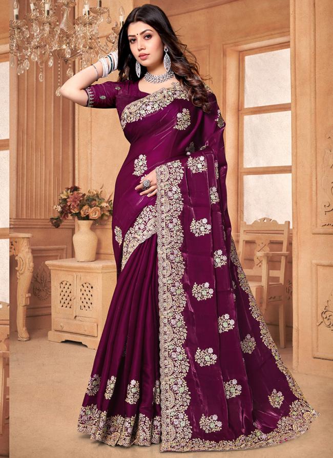 Crepe Silk Wine Wedding Wear Zarkan Work Saree